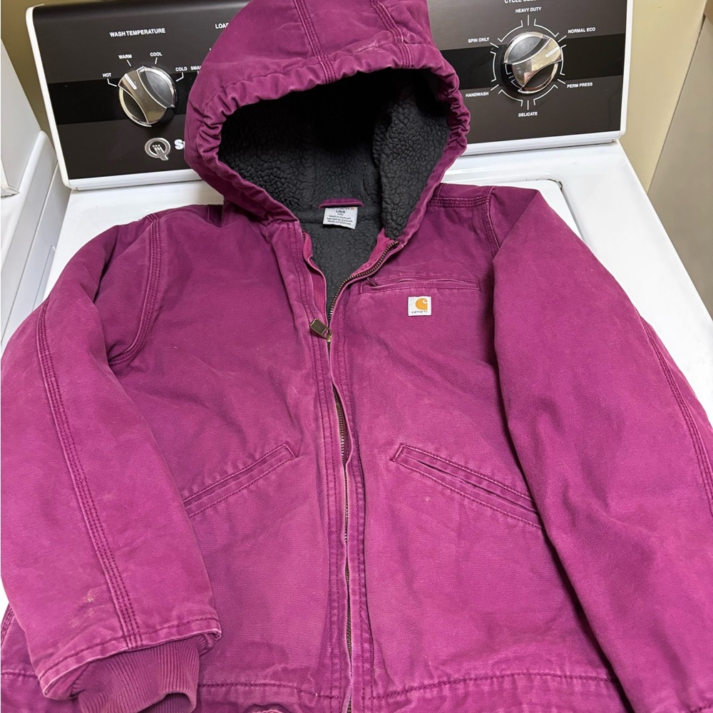 Carhartt Sherpa-Lined Jacket with Charcoal Exterior and Berry Accents